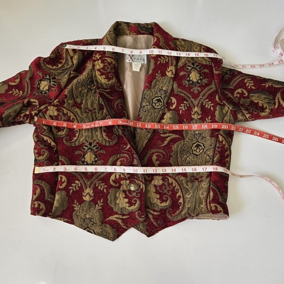 Expose Chenille Cropped Peaked Lapel Blazer Large Paisley Red Gold Western Vtg - Picture 3 of 16